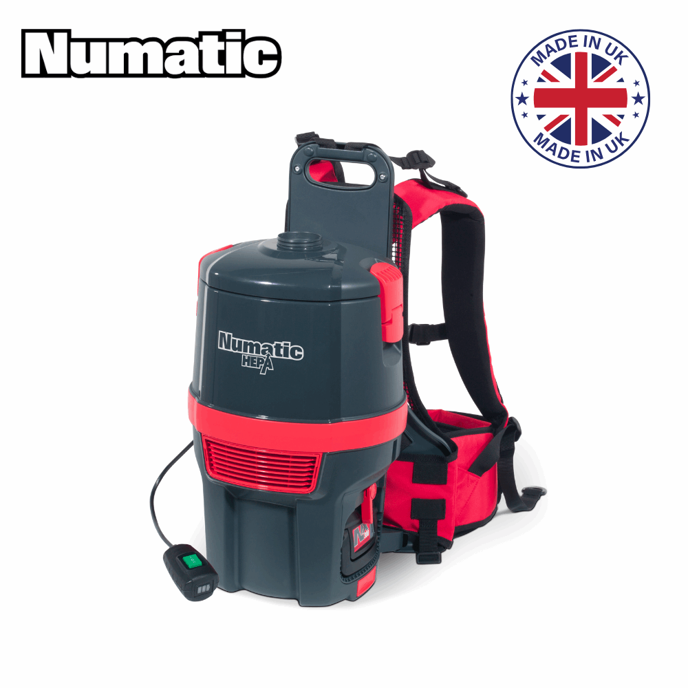 HEPA13-certified Numatic RSB 150NX-H cordless backpack vacuum, designed for healthcare and cleanroom efficiency.