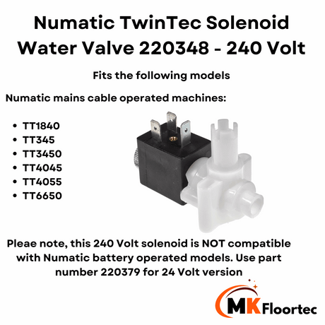 Numatic 220348 solenoid valve, 240 Volt, suitable for most Numatic TT scrubber dryers powered by mains.