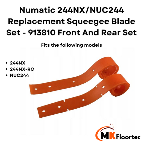 Numatic NUC 244NX squeegee blade set, model 913810, featuring both front and rear replacement blades.