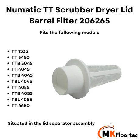 Lid separator barrel filter designed for Numatic 206265 TwinTec scrubber dryers, tt4045 tt4055
