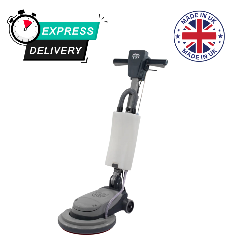 Compact Numatic NLL332 LoLine NuSpeed Rotary Floor Scrubbing Machine, designed for efficient cleaning and easy storage.