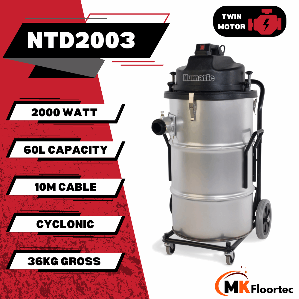 Numatic NTD2003 powerful dry vacuum cleaner with a 60L capacity, twin motors, and a sturdy steel construction for durability. Specification