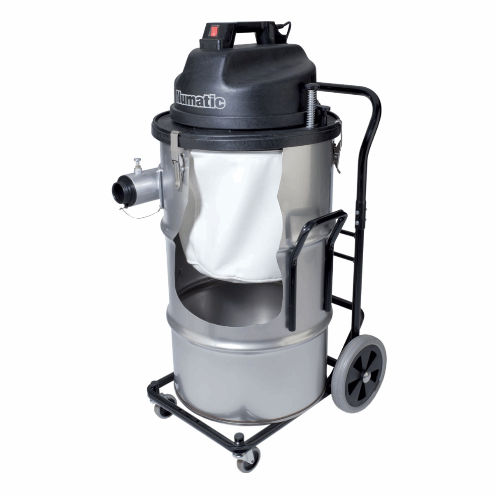 Numatic NTD2003 industrial vacuum with 60L capacity, twin motors, and a durable steel body, designed for trolley-mounted use.