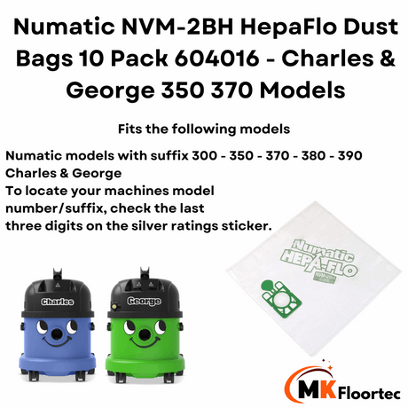 Pack of 10 Numatic NVM-2BH HepaFlo dust bags designed for Charles & George vacuum models 350 and 370, ensuring optimal performance.