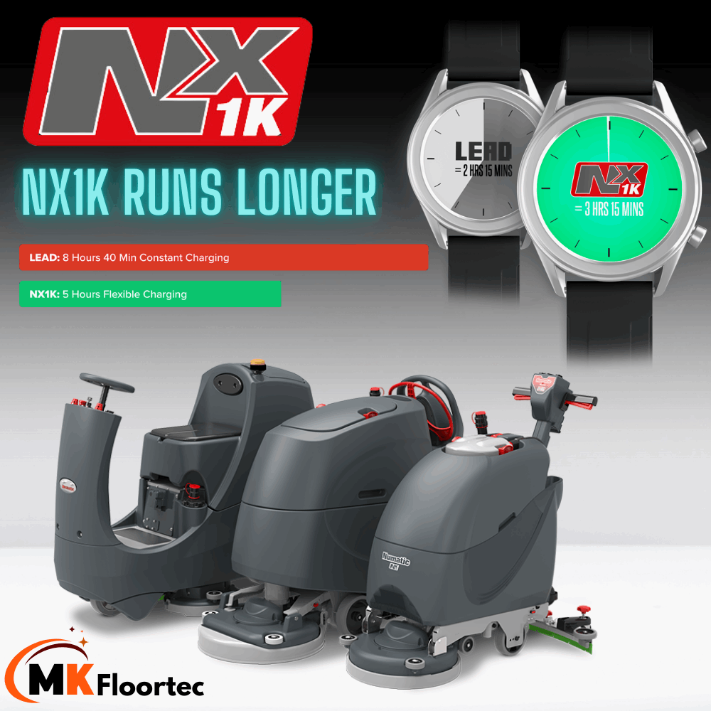 Numatic NX1K Lithium battery powered long run time scrubber dryer floor cleaning machines with extended battery life