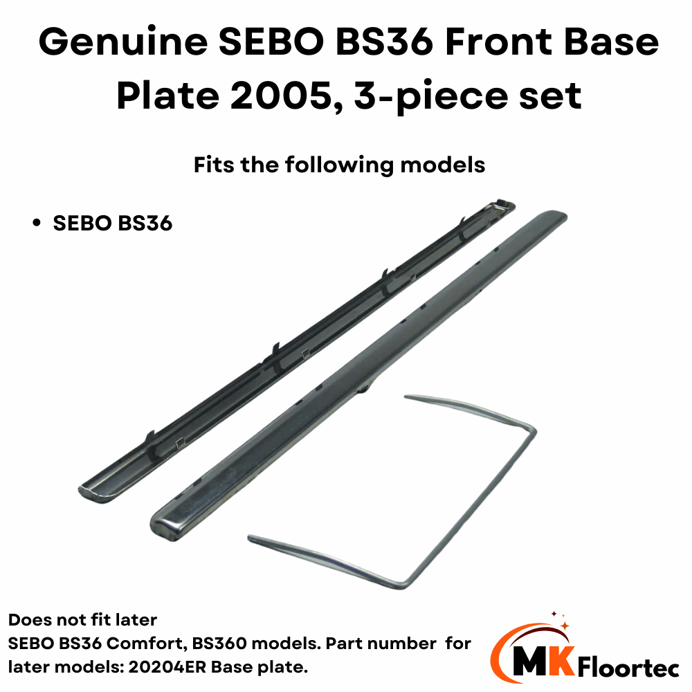 Chrome strips for SEBO BS36 carpet base plate include front, rear, and roller guard. Part number: 2005.