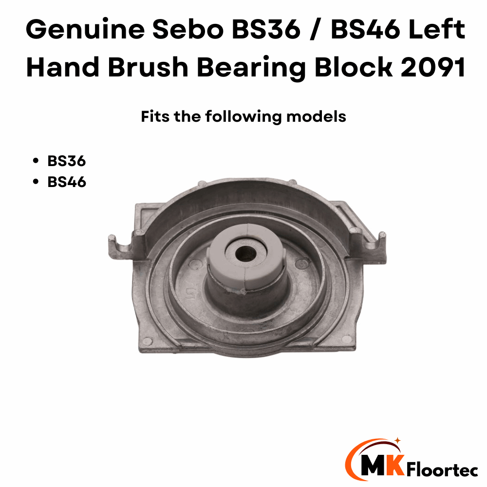 Genuine Sebo left-hand bearing block 2091 for brush rollers in BS36 and BS46 series vacuum cleaners.