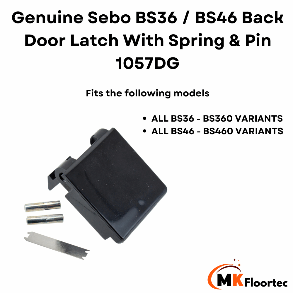 Door panel latch for Sebo BS vacuum series, includes spring and two pins, part number 1057DG, compatible with BS36, BS360, Comfort.