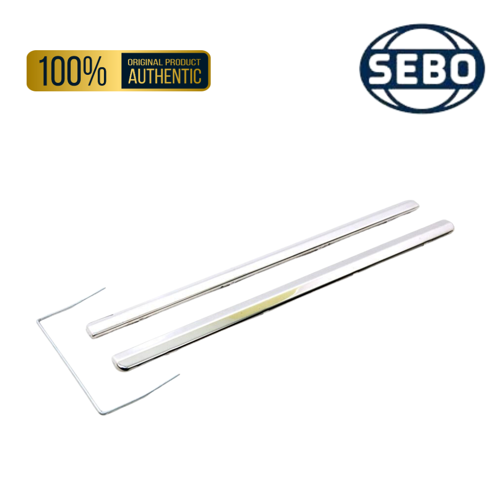 SEBO BS36 vacuum cleaner chrome strips set includes front, rear, and roller guard; part number 2005, also called chassis strips