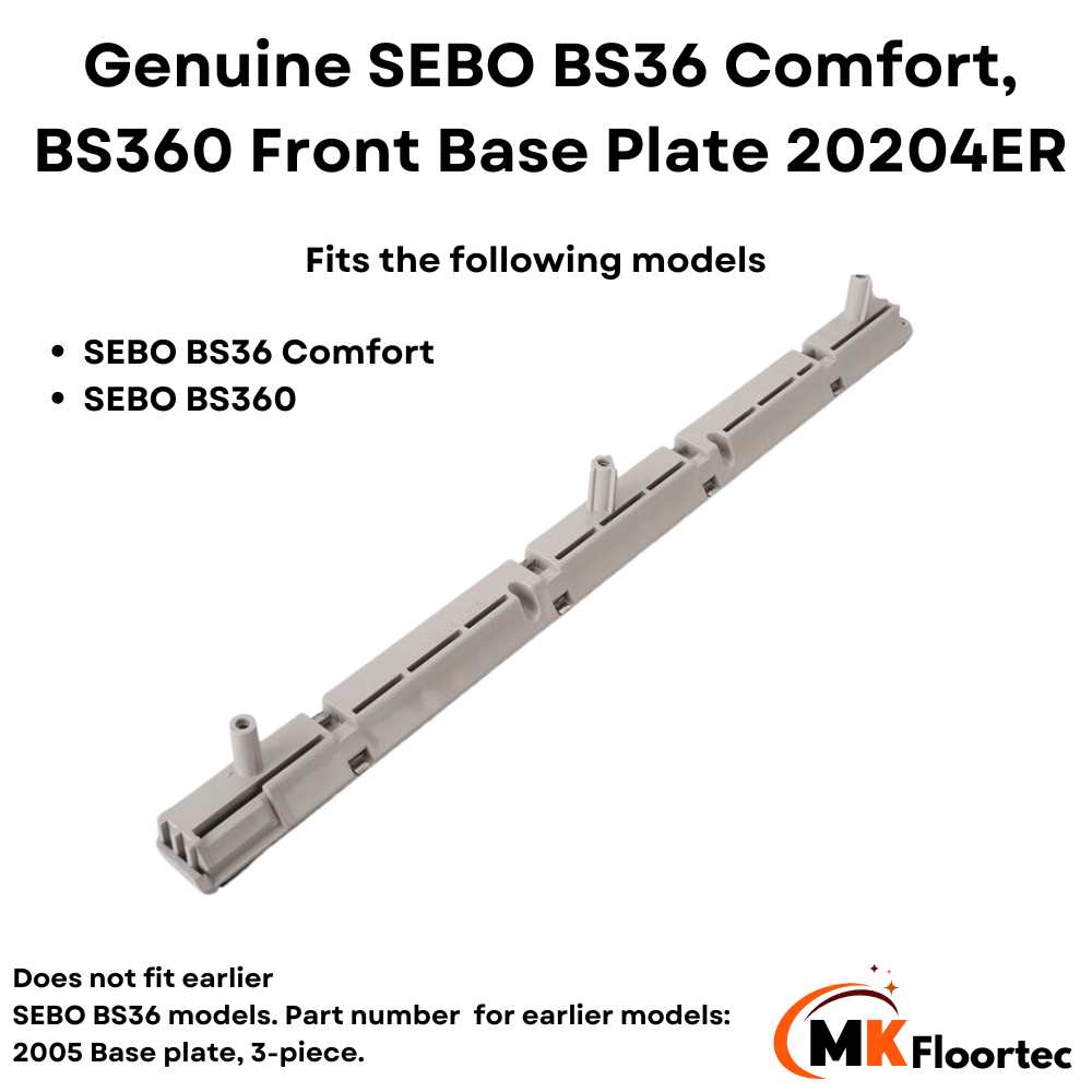 Chrome strip at the front bottom of SEBO BS36 Comfort and BS360 carpet base plate, part number 20204ER, chassis strip.