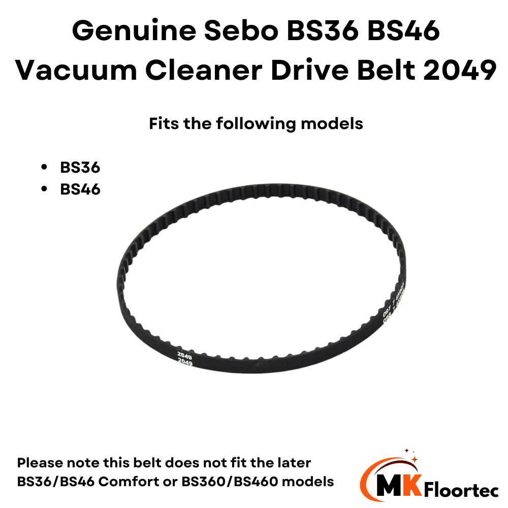 Toothed drive belt for Sebo BS36 and BS46 vacuum cleaners, part number 2049, designed for efficient brush motor operation.