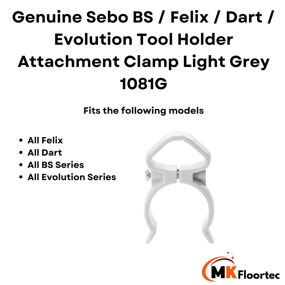 Sebo 1081 clamp for attaching tools to BS, Evolution, Dart, or Felix vacuum models for organised storage.