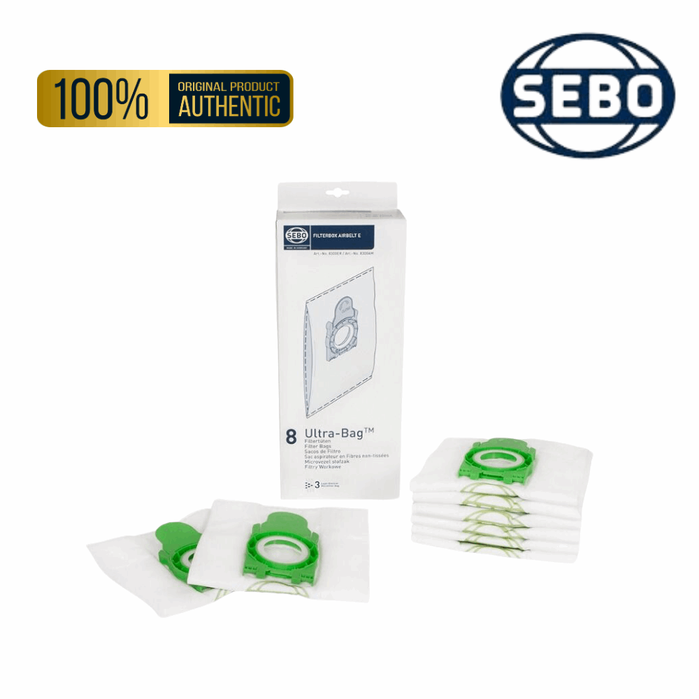 Sebo Airbelt E series Ultra vacuum cleaner dust bags, 8-pack, designed for all Airbelt E series and E3 Premium models.