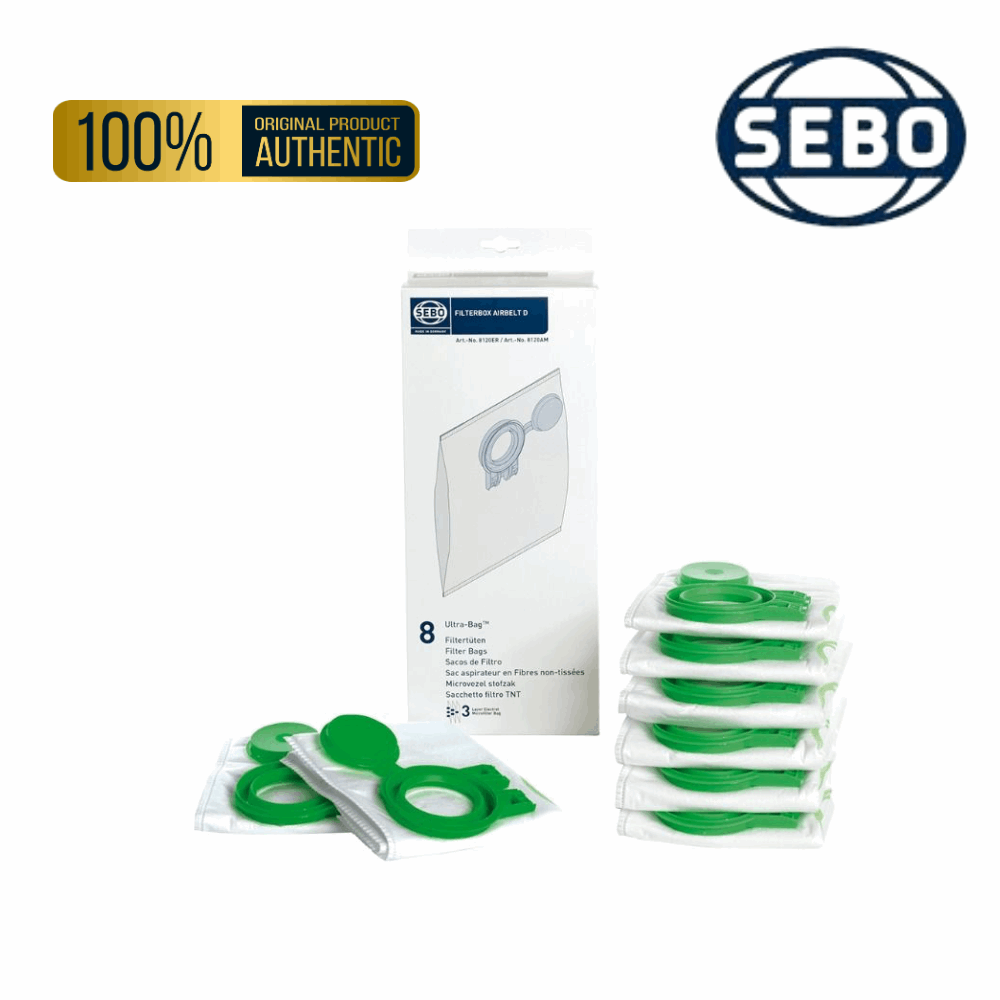 Genuine Sebo vacuum cleaner dust bags for models D4, D8, D9, 8120ER, box of 8, designed for optimal dust collection. 8120ER