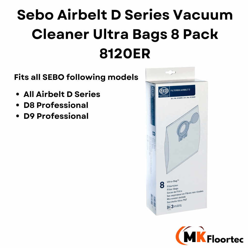 Genuine Sebo Airbelt D Ultra vacuum cleaner dust bags 8120ER, box of 8, providing reliable dust containment for your vacuum.