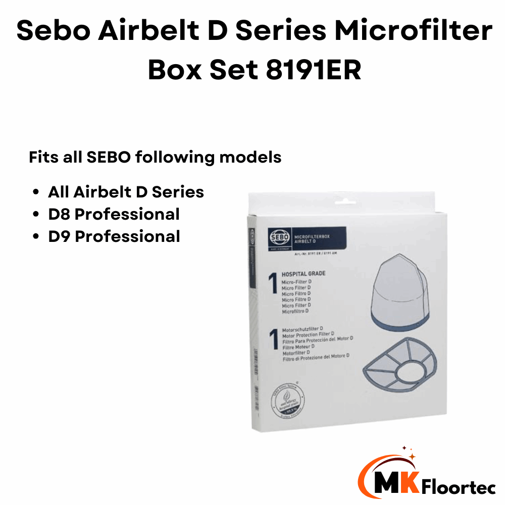 Sebo Airbelt D vacuum cleaner Micro Filter box set 8191ER, containing one hospital grade micro-filter and one hygiene filter.