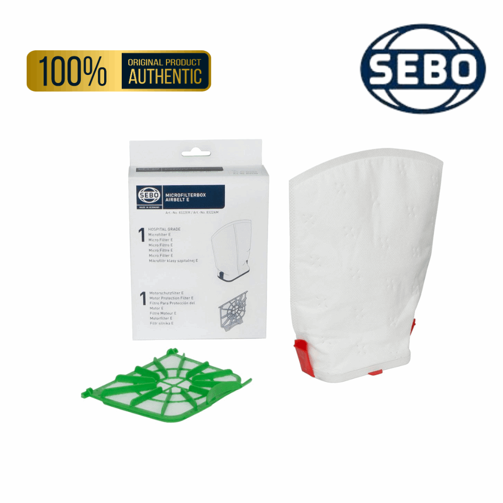 Genuine Sebo filter kit 8322ER includes Motor Protection Filter and Exhaust Microfilter for E3 Premium and E series vacuums.