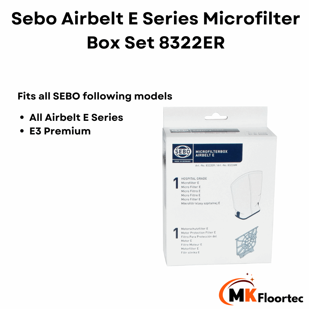 Replacement filter kit 8322ER for Sebo vacuums, featuring Motor Protection Filter and Exhaust Microfilter for E series.