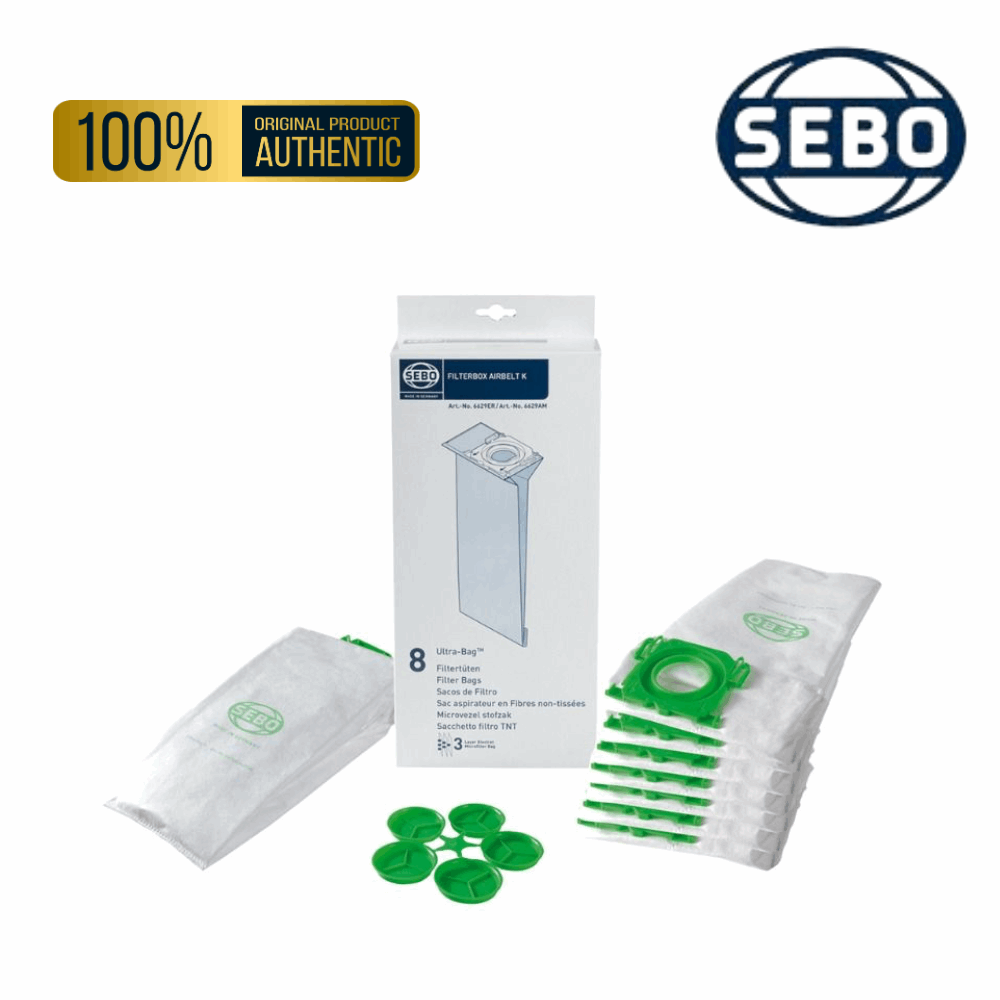 Replacement dust bags for Sebo Airbelt K series Ultra vacuum cleaner, 8 pack, model 6629ER, ensuring efficient dust management.