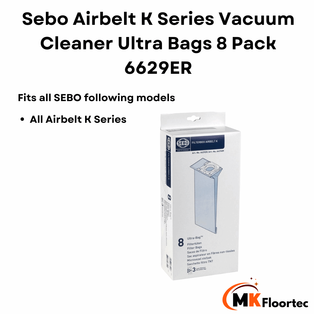 Pack of 8 genuine Sebo Airbelt K series Ultra vacuum cleaner dust bags, model 6629ER, designed for optimal performance.