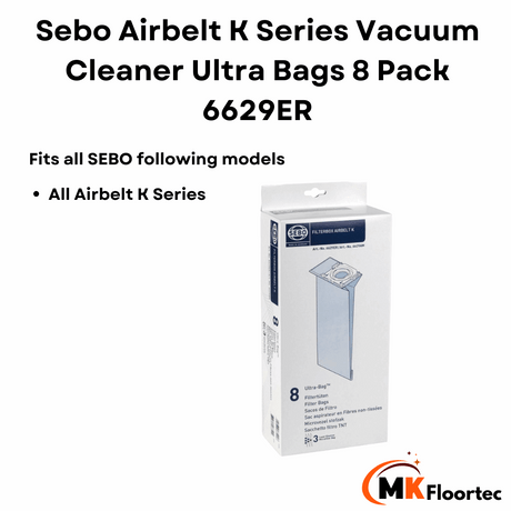 Pack of 8 genuine Sebo Airbelt K series Ultra vacuum cleaner dust bags, model 6629ER, designed for optimal performance.