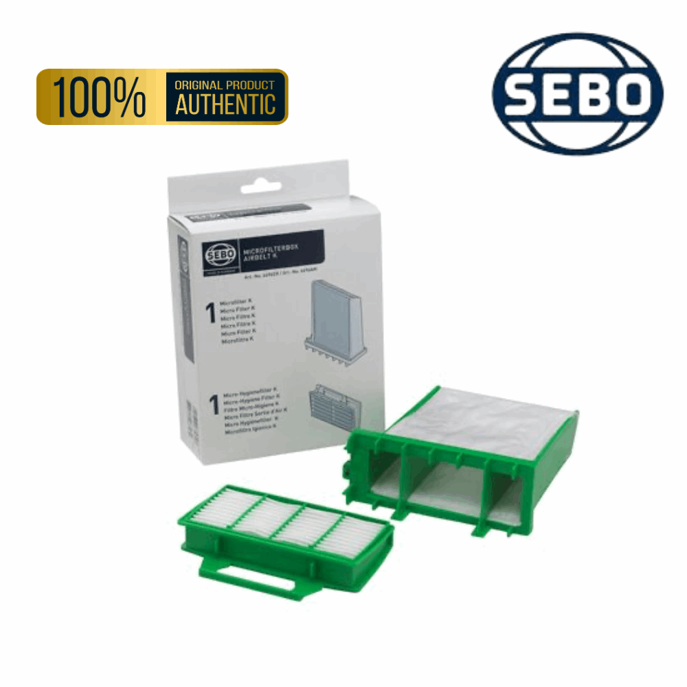 Genuine Sebo Airbelt K Micro Filter box set 6696ER contains pre-motor and exhaust filters for K series and K3 Premium vacuums.