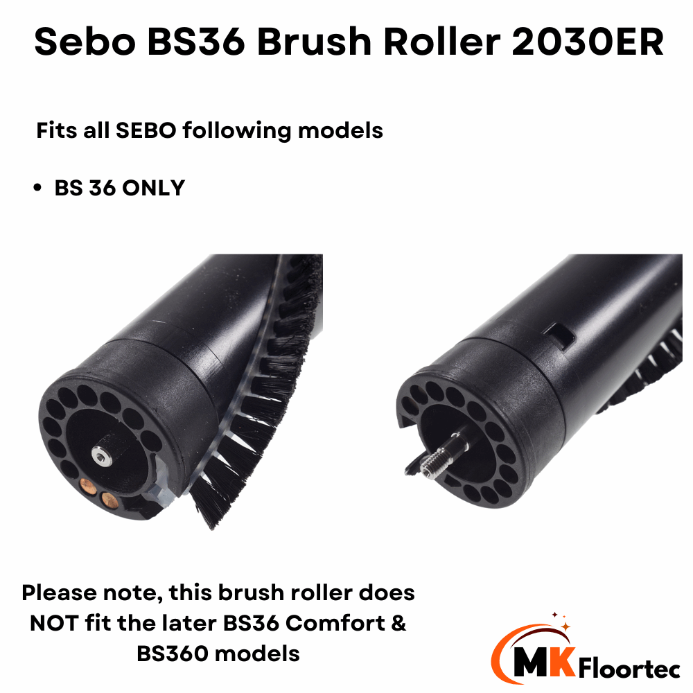 Sebo BS36 vacuum cleaner brush roller, 36cm, part number 2030ER, includes a black brush strip