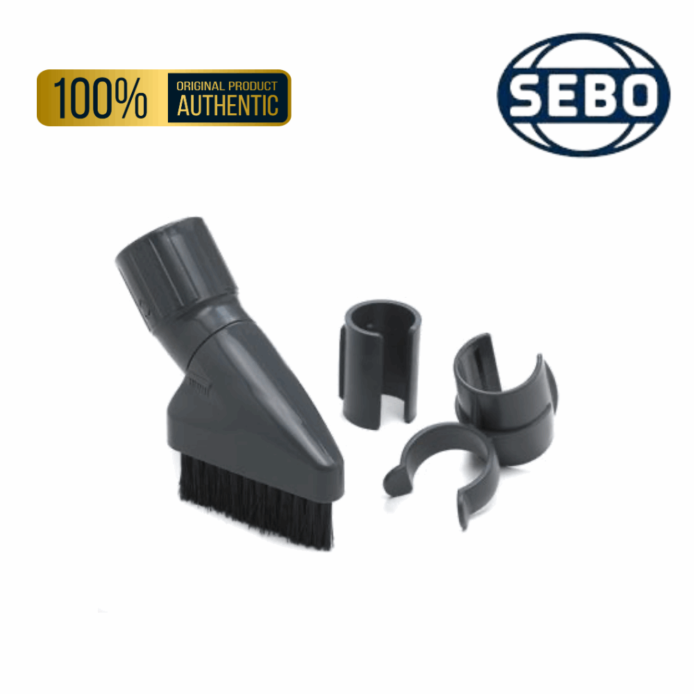 Sebo tool attachment clamp with dusting brush, part number 6697ER, for Sebo Airbelt D, E, & K cylinder vacuums.