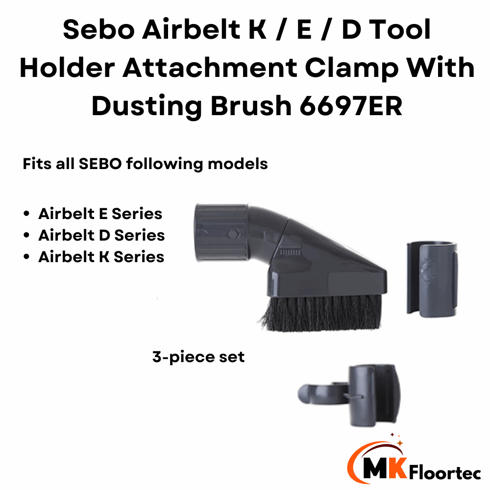 Sebo tool attachment clamp with dusting brush, part number 6697ER, designed for Sebo Airbelt cylinder vacuum models.