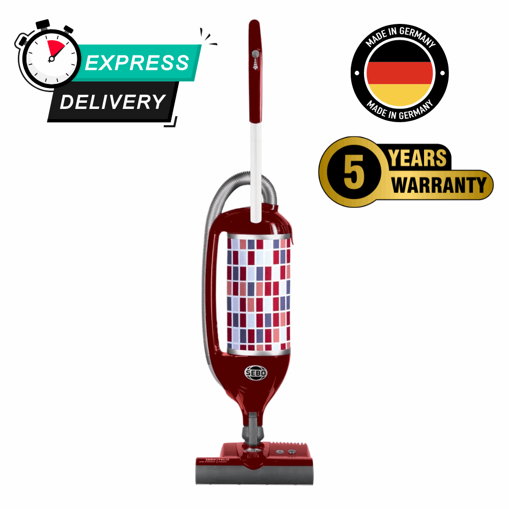 SEBO FELIX Rosso vacuum cleaner with S-Class filtration captures 99.97% of particles, ideal for allergy sufferers and easy to maintain.