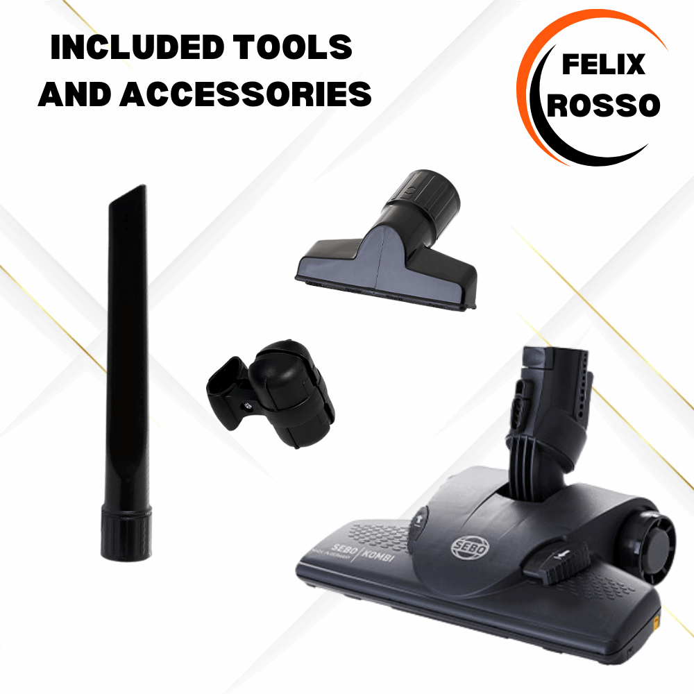SEBO FELIX Rosso upright vacuum cleaner with S-Class filtration, Kombi floor head, crevice nozzle, and upholstery nozzle included.