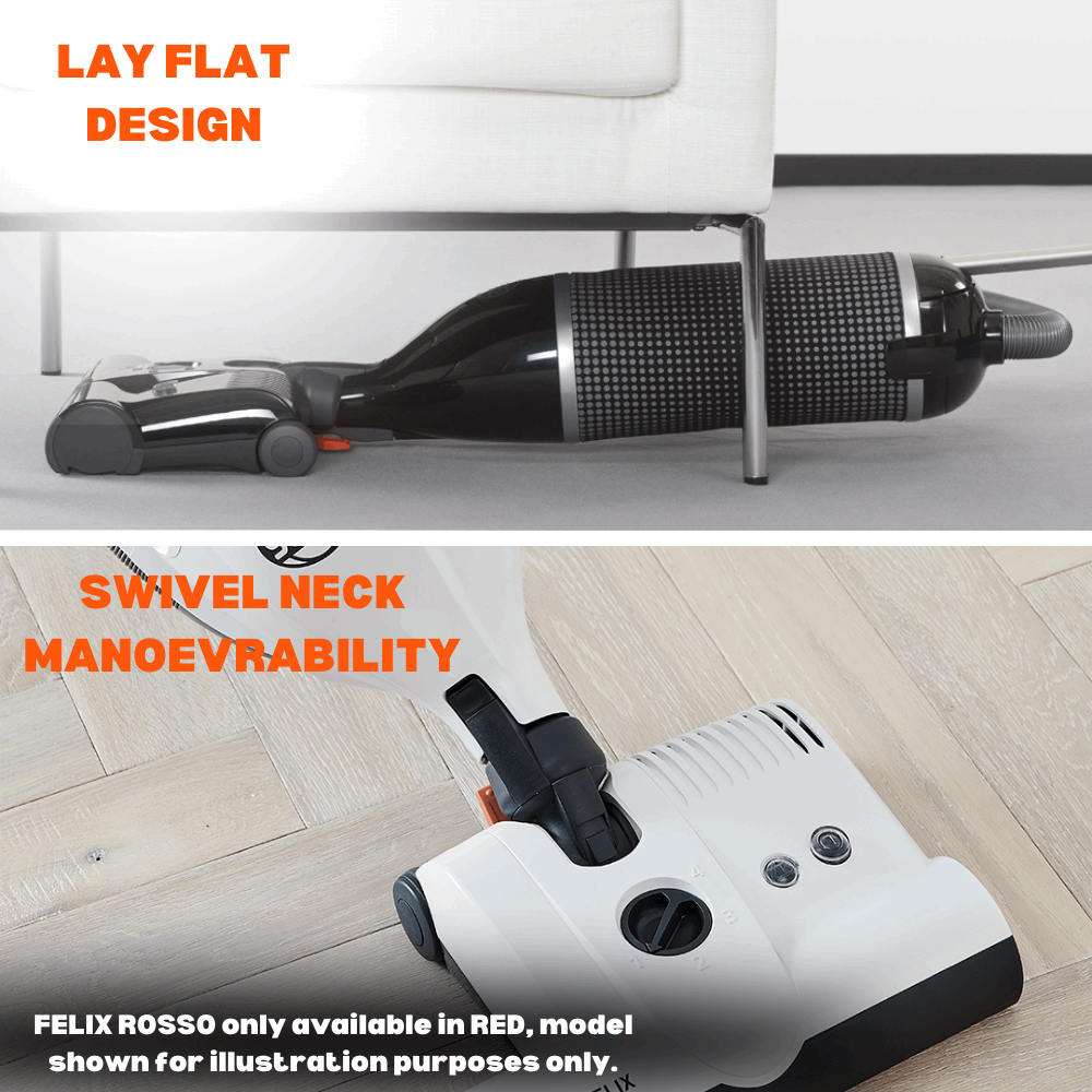 SEBO FELIX Rosso upright vacuum cleaner with a lay-flat design for easy access under furniture.