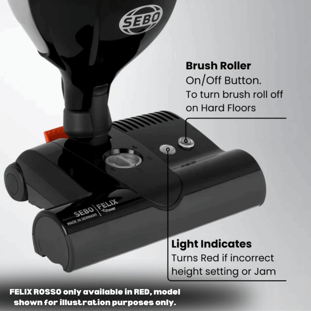 SEBO FELIX Rosso vacuum cleaner, equipped with a motorised ET-1 brush head for exceptional performance on carpets.
