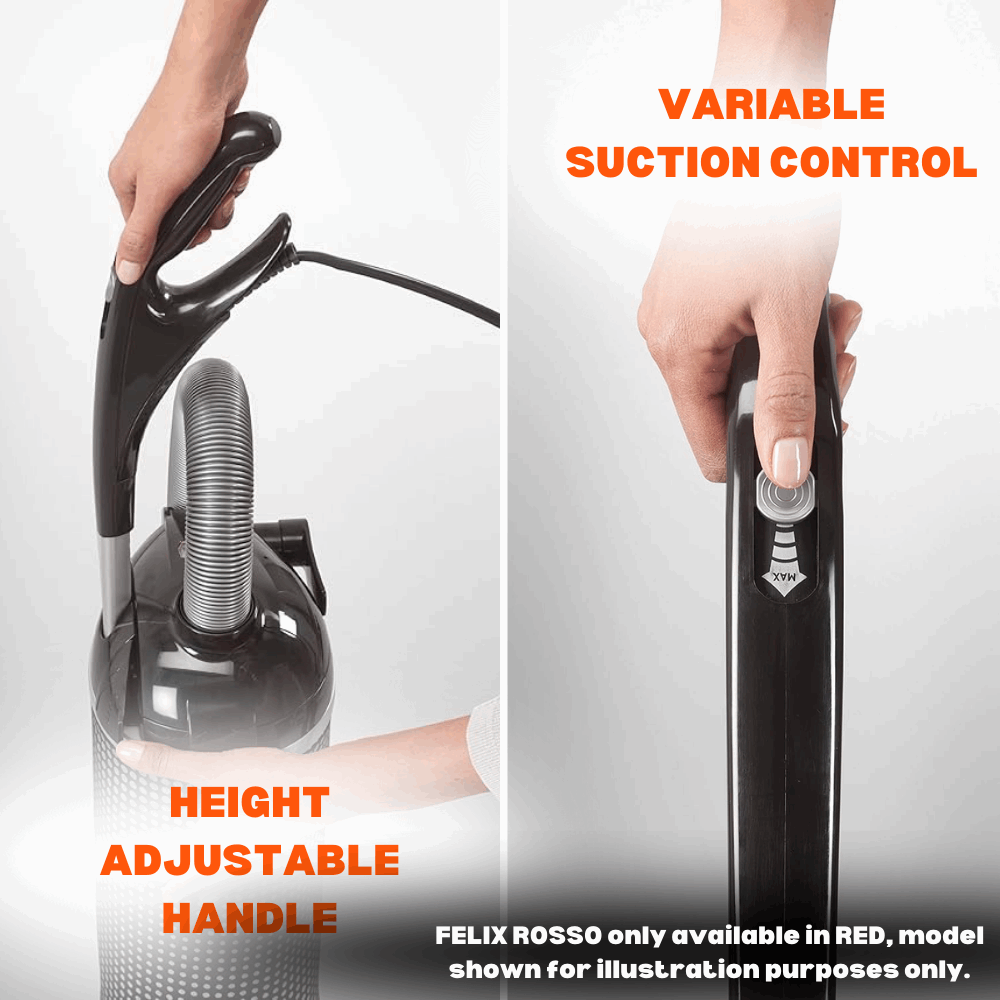 SEBO FELIX Rosso vacuum cleaner with adjustable handle height and variable suction power for efficient cleaning performance.