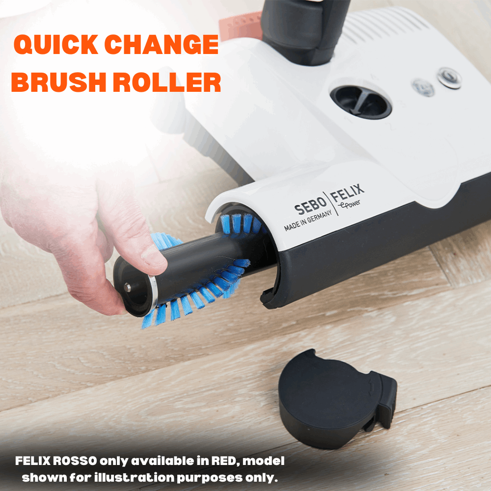SEBO FELIX Rosso upright vacuum cleaner with removable brush roller for easy maintenance and hair detangling.