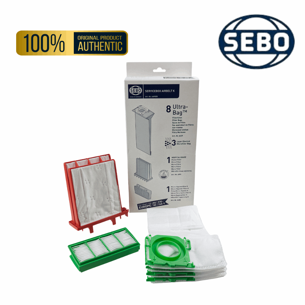Service box kit for Sebo Airbelt K vacuum, part number 6695ER, includes dust bags and filter replacements.