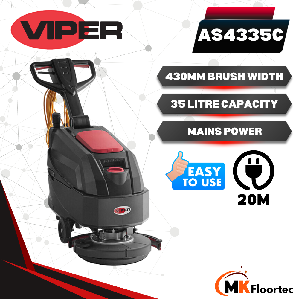 Viper AS4335C Mains Cable Powered Scrubber Dryer 240 Volt - M.K. Floortec Services Ltd