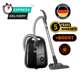 Sebo Airbelt E1 Pet +BOOST vacuum cleaner, perfect for all flooring types and effective in removing pet hair. 5-year warranty.