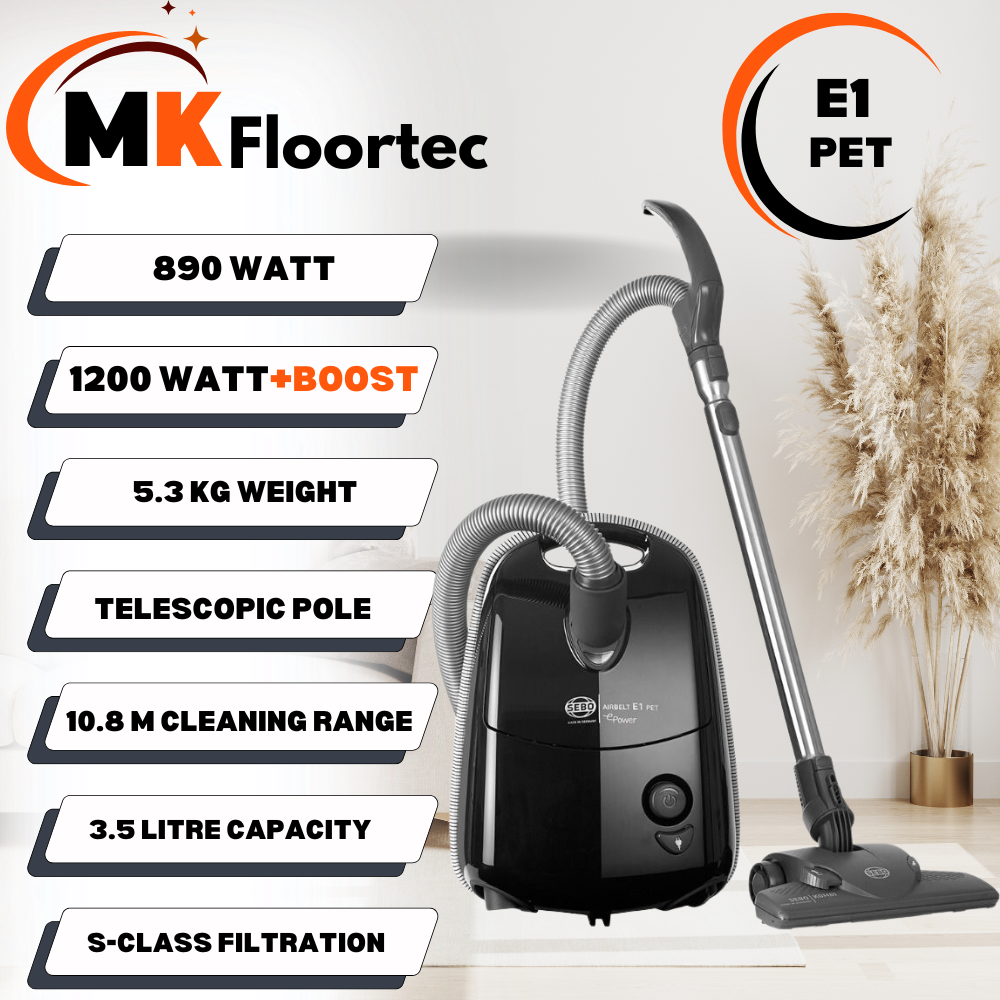 Sebo Airbelt E1 Pet +BOOST vacuum, efficient for pet hair on all floors, with a 3.5-litre bag and strong 1200-watt power.