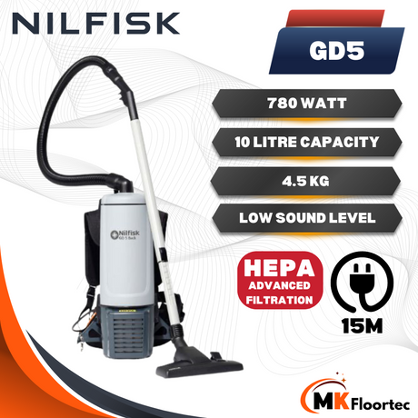 Nilfisk GD5 backpack vacuum cleaner with HEPA filter specification