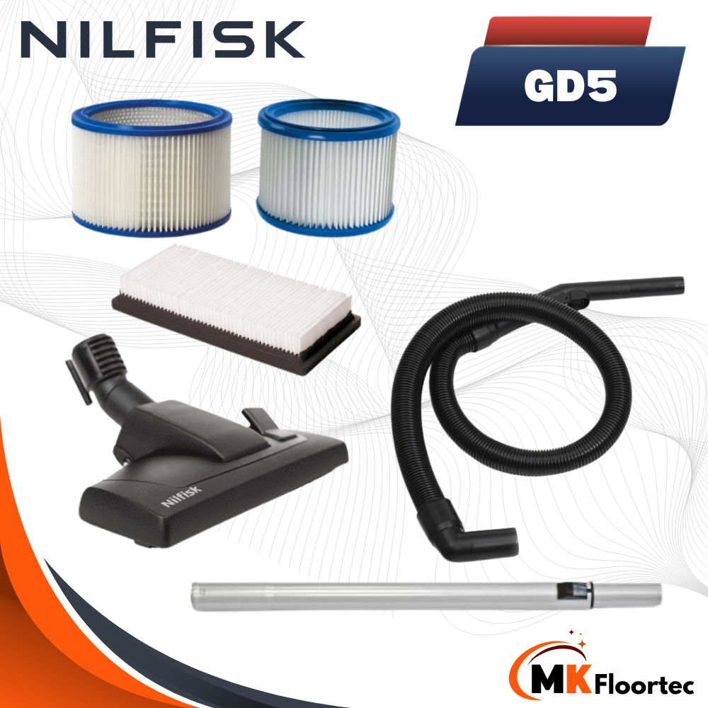 Nilfisk GD5 backpack vacuum cleaner with HEPA filter included tools and attachments.