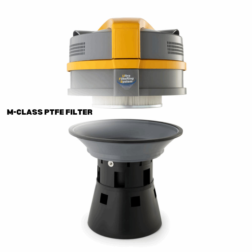 Industrial wet and dry vacuum cleaner with advanced filtration, including washable M-Class filter and wet ball float filter.
