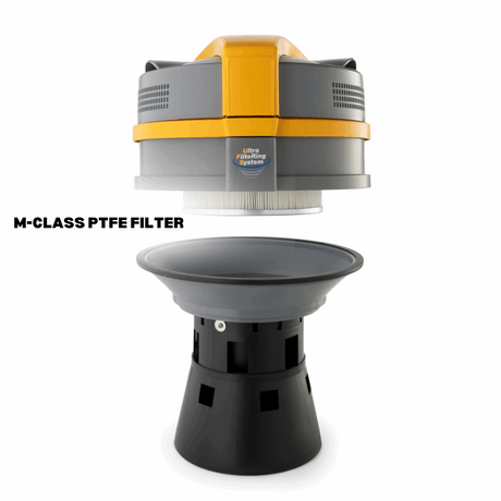 Industrial wet and dry vacuum cleaner with advanced filtration, including washable M-Class filter and wet ball float filter.