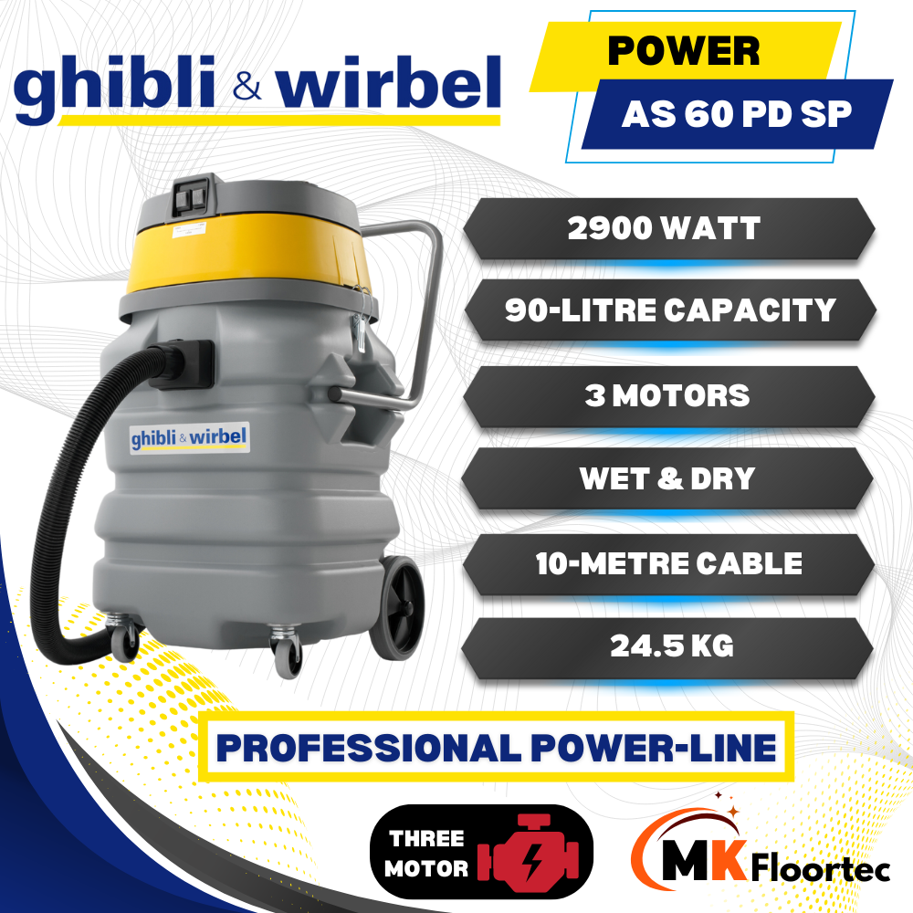 Ghibli & Wirbel AS 60 PD SP industrial vacuum cleaner with three motors, 90-litre container, ideal for wet and dry cleaning tasks.