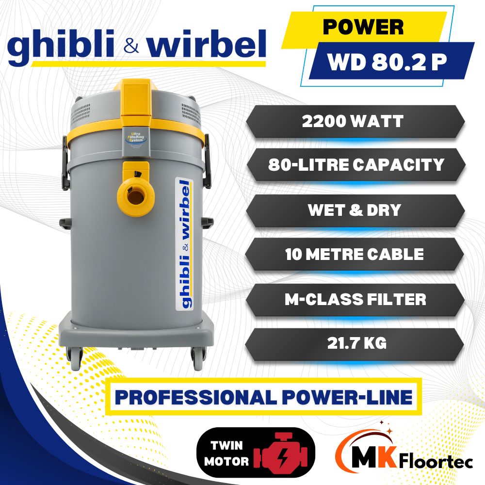 Ghibli & Wirbel POWER WD 80.2 P is a powerful wet and dry vacuum with an 80L container and dual motors for effective cleaning.