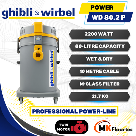 Ghibli & Wirbel POWER WD 80.2 P is a powerful wet and dry vacuum with an 80L container and dual motors for effective cleaning.