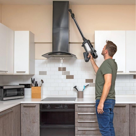 The Numatic NQ100 Quick Cordless Stick Vacuum Cleaner offers a lightweight design, two batteries, and various attachments for efficient high-level and stair cleaning.