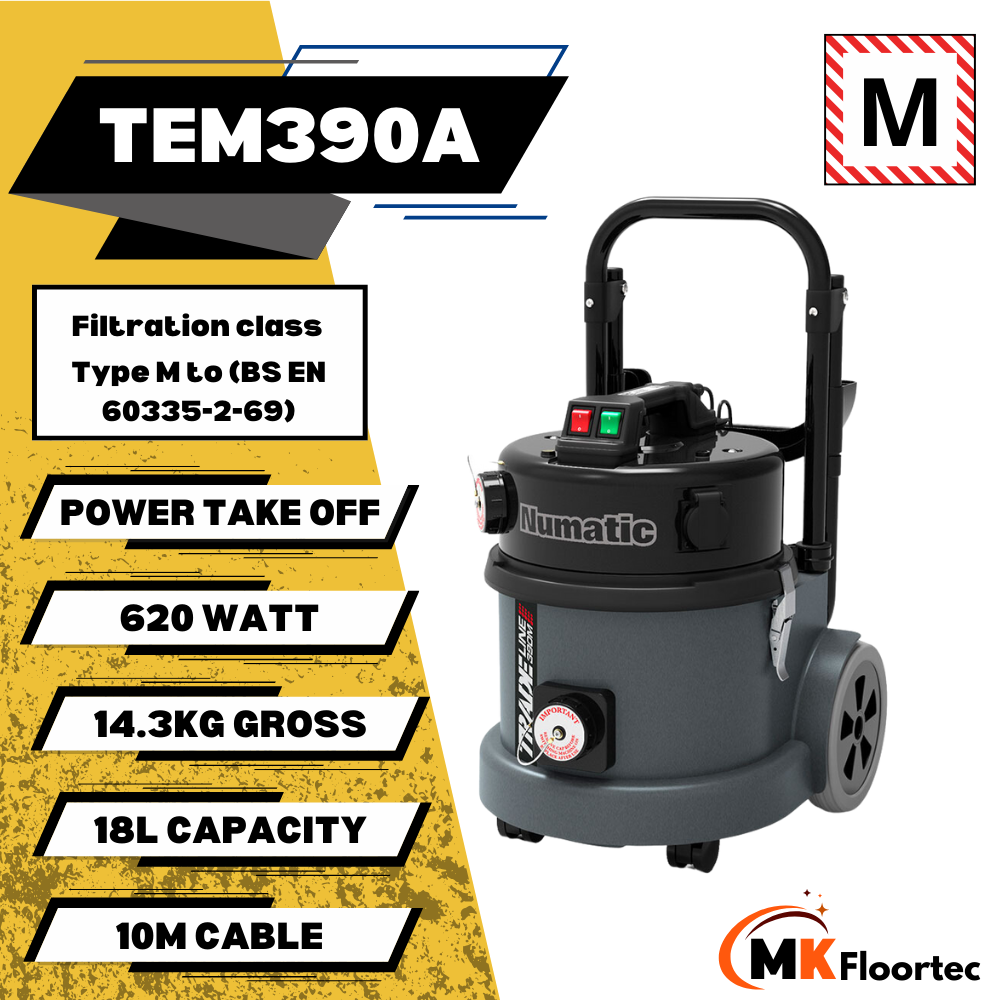 Numatic TEM390A vacuum cleaner, 18L capacity, M CLASS HEPA filtration, designed for durability and heavy-duty performance.