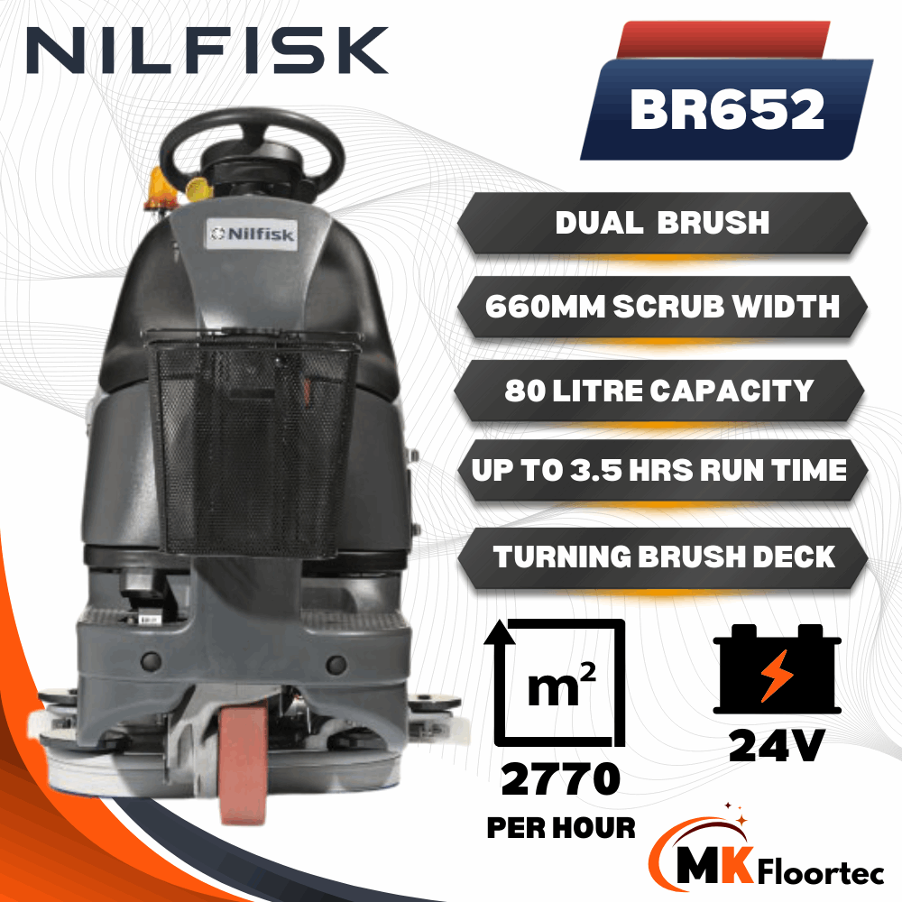 Nilfisk BR652 ride-on floor cleaning scrubber dryer specification