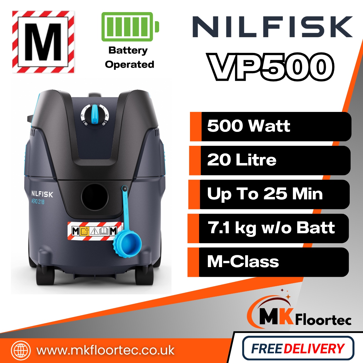 Nilfisk AERO 21B-W0M PC M-Class Cordless Battery Vacuum Dust Extractor